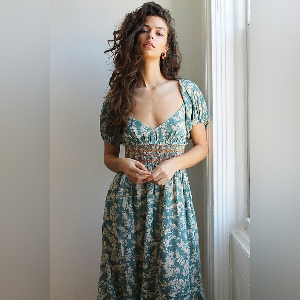 Free people Ellie Floral Print Gauze Dress in Soft Seafoam Womens Sz Small - Picture 1 of 16